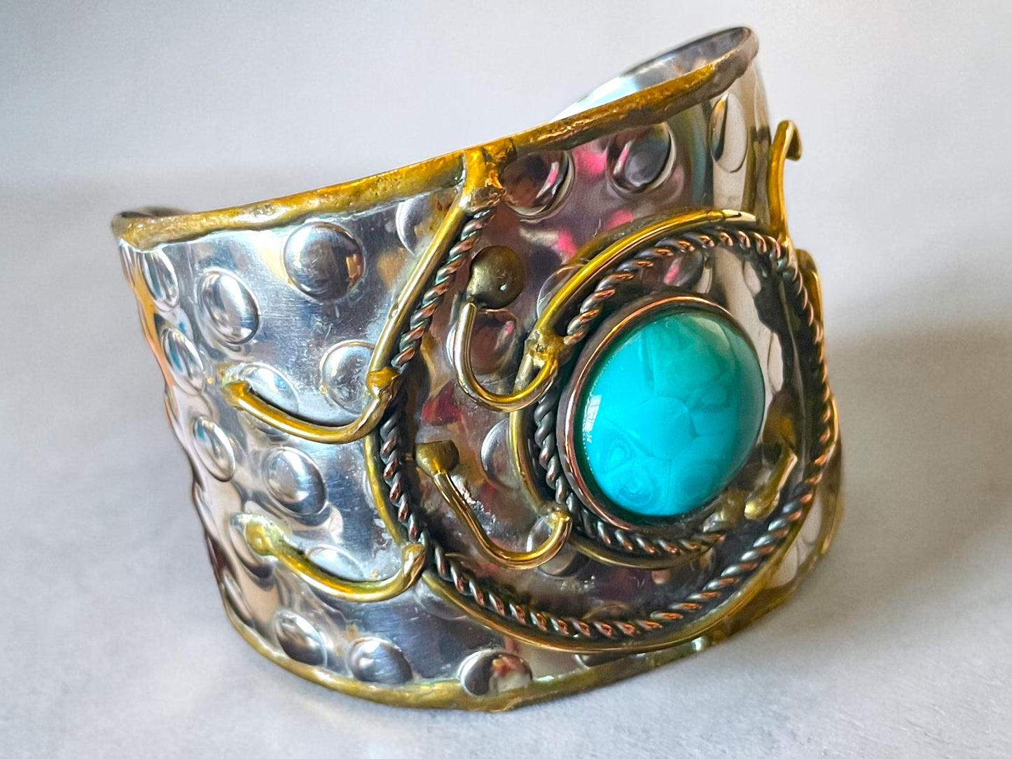 Brutalist Turquoise Art Glass Copper, Brass & Silver Wide Hammered Cuff Bracelet