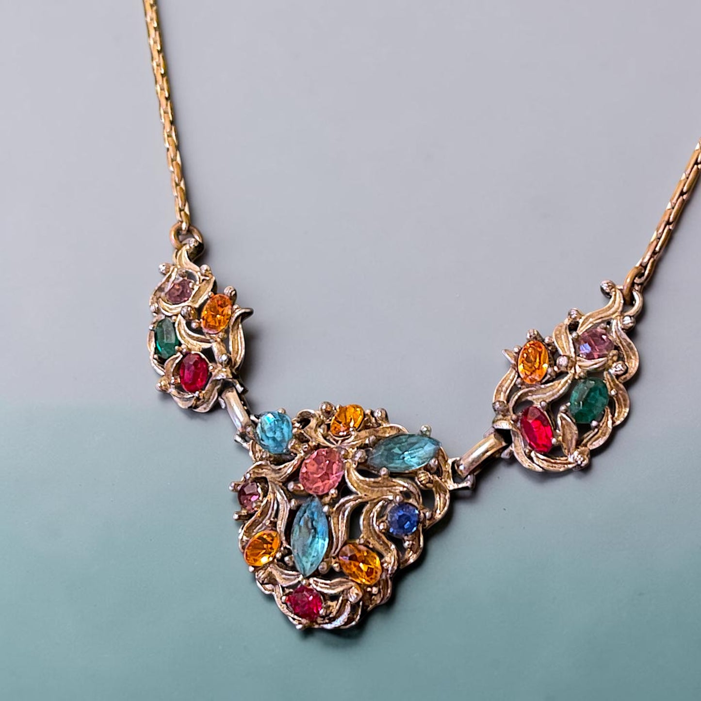 Art Nouveau Fruit Salad Czech Multicolor Crystal Rhinestone Choker Necklace