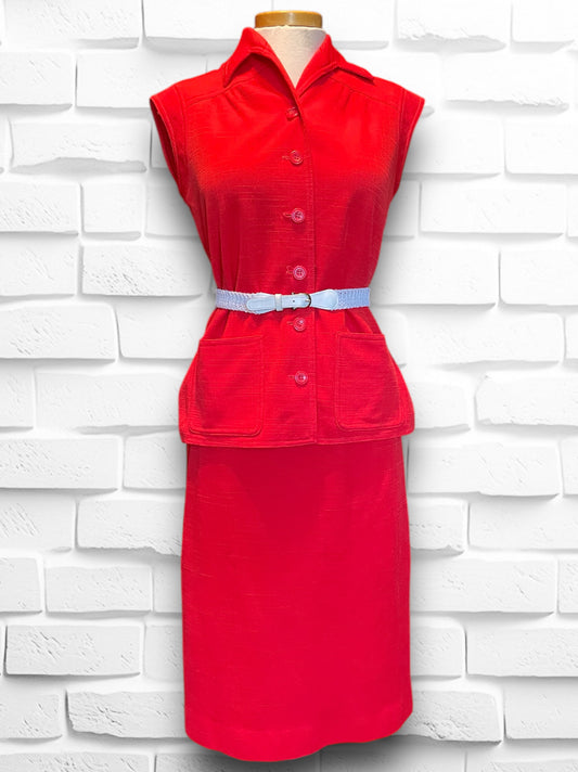 1970’s Red Polyester Linen Skirt & Sleeveless Top Set