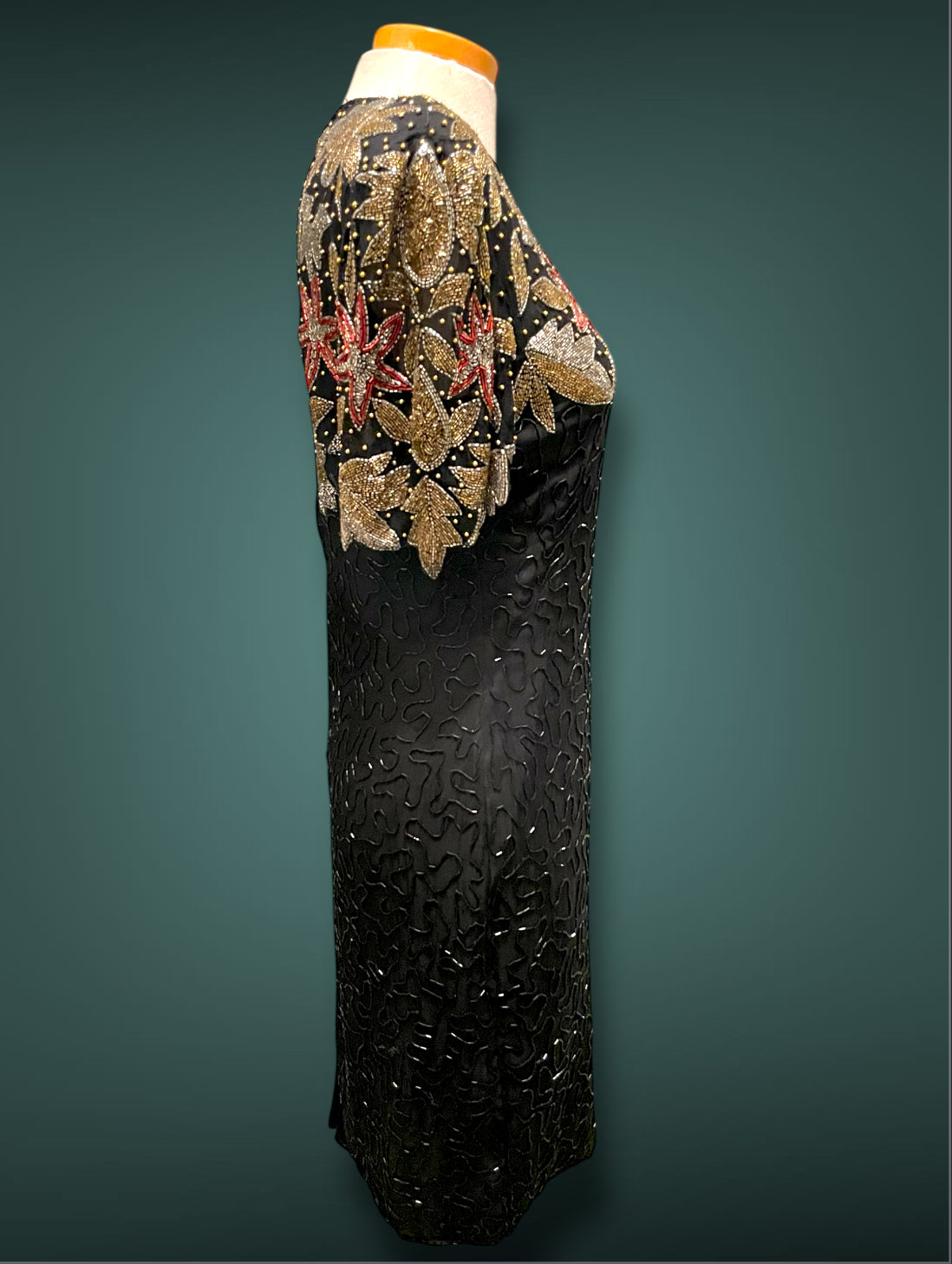 Vintage 1980’s Silk NYE Gold Silver Red & Black Glass Bead Short Dress