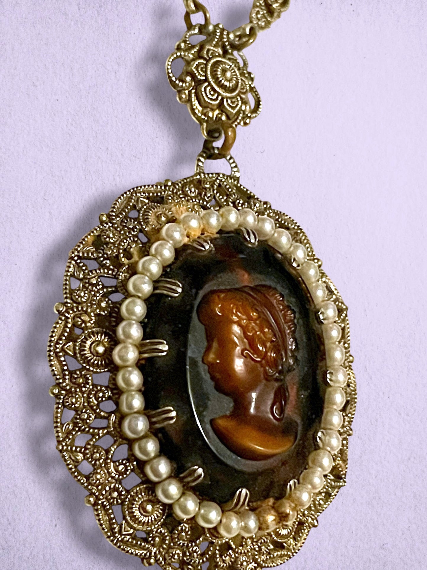 West German Brass Filigree Amber Art Glass Cameo & Pearl Necklace