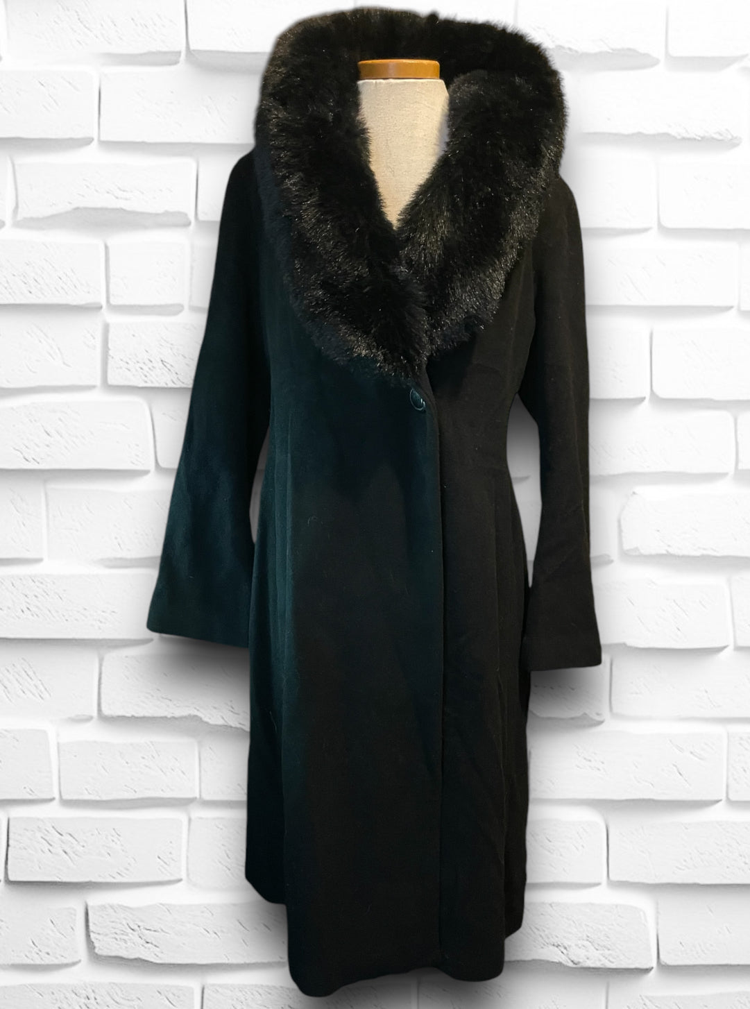 Vintage Covington Big Faux Fur Collar Black Overcoat