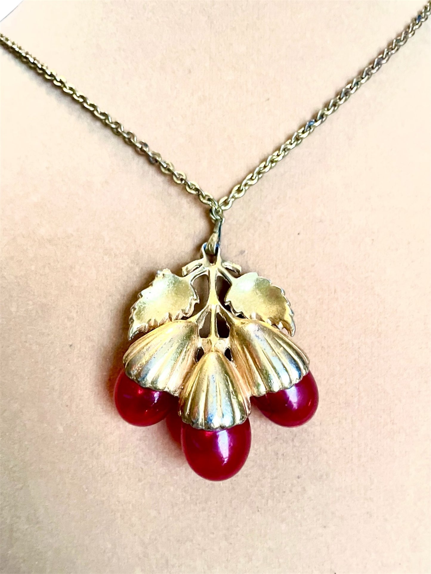 Art Nouveau Gilded Brass & Hollow Red Glass Bubble Acorn Necklace