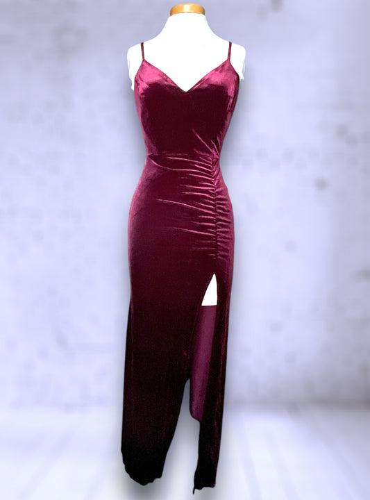 Vintage 1990’s Maroon Red Stretch Velvet Ruched Long Dress