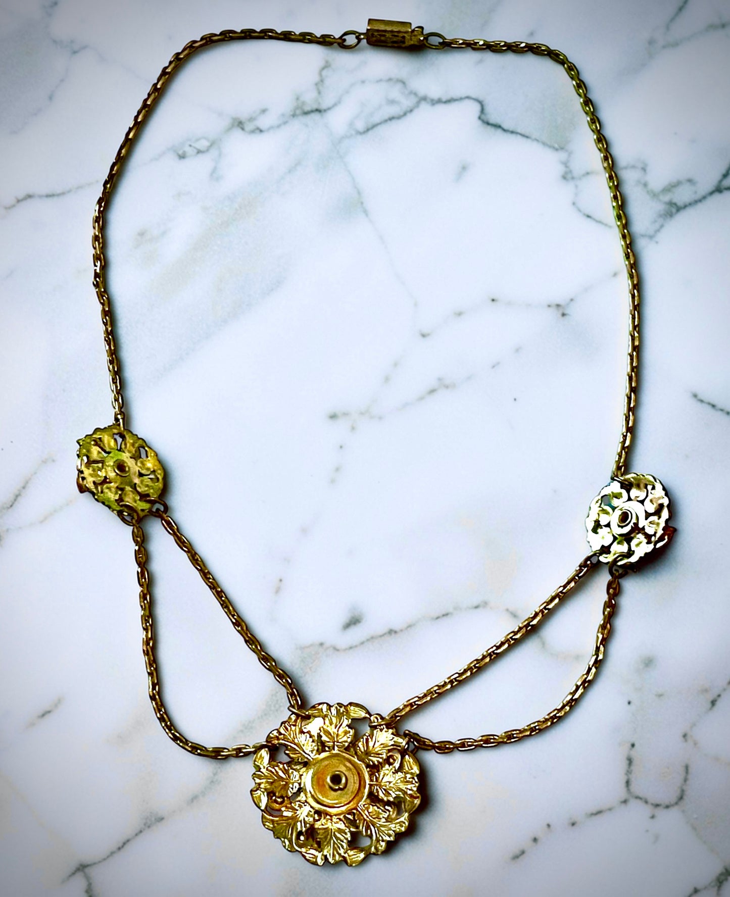 Edwardian Pink Gold Foil Art Glass Dragons Breath Fire Opal Festoon Necklace