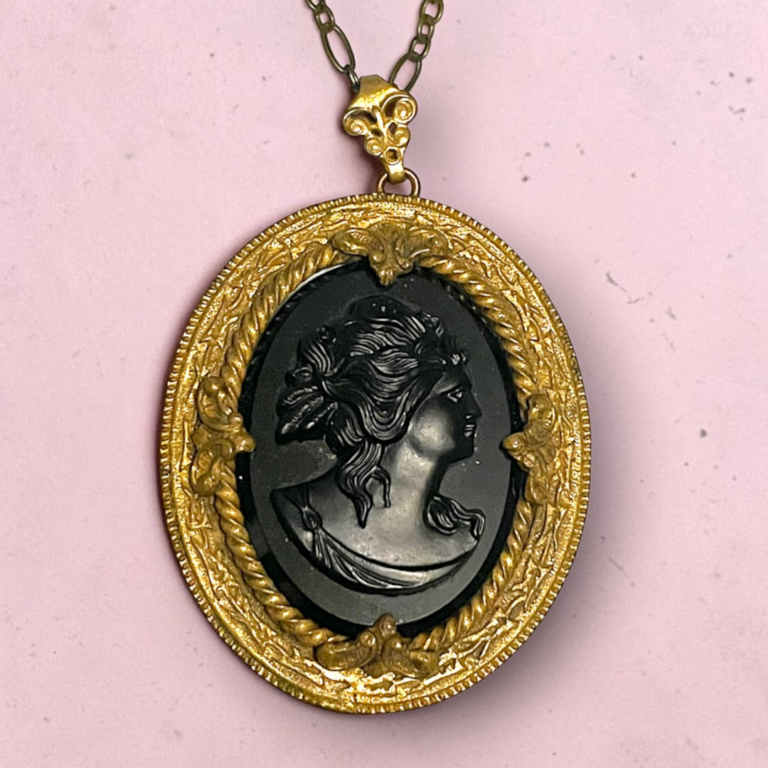 Victorian Gothic Black Art Glass Mourning Cameo Prong Set Pendant Necklace