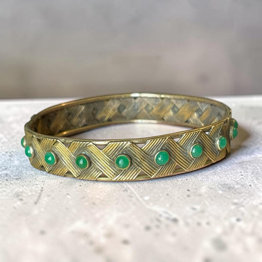 Edwardian Chrysoprase Gemstone Brass Bangle Bracelet