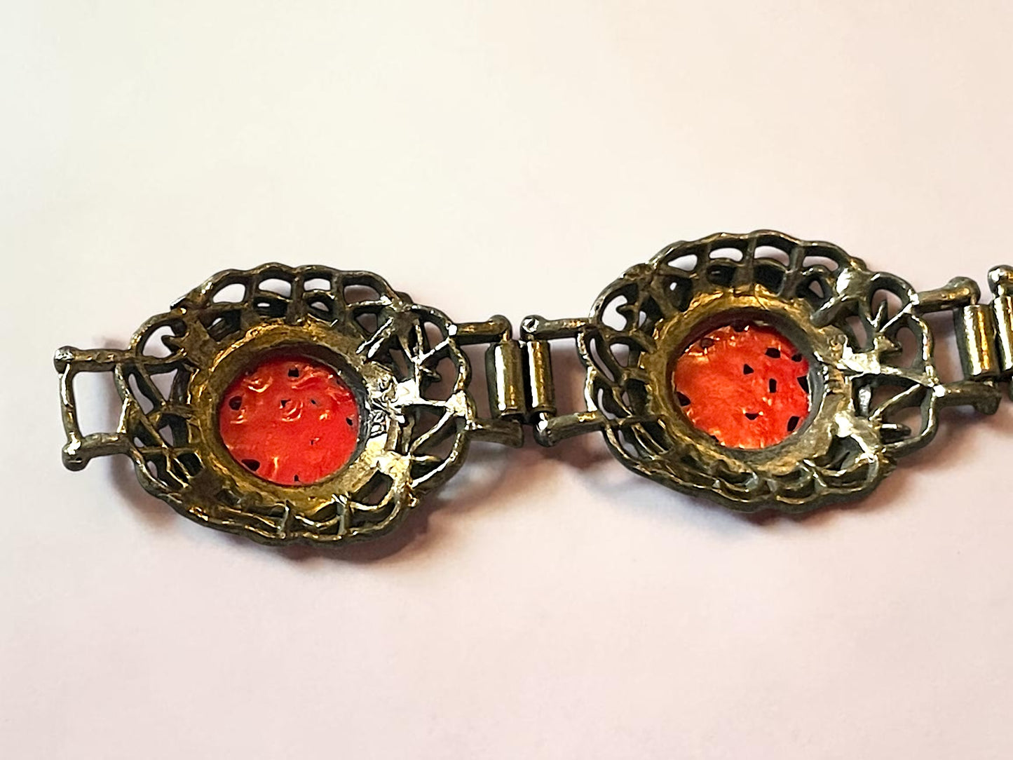 Art Nouveau Red Cinnabar Brass Flowers & Butterflies Panel Bracelet