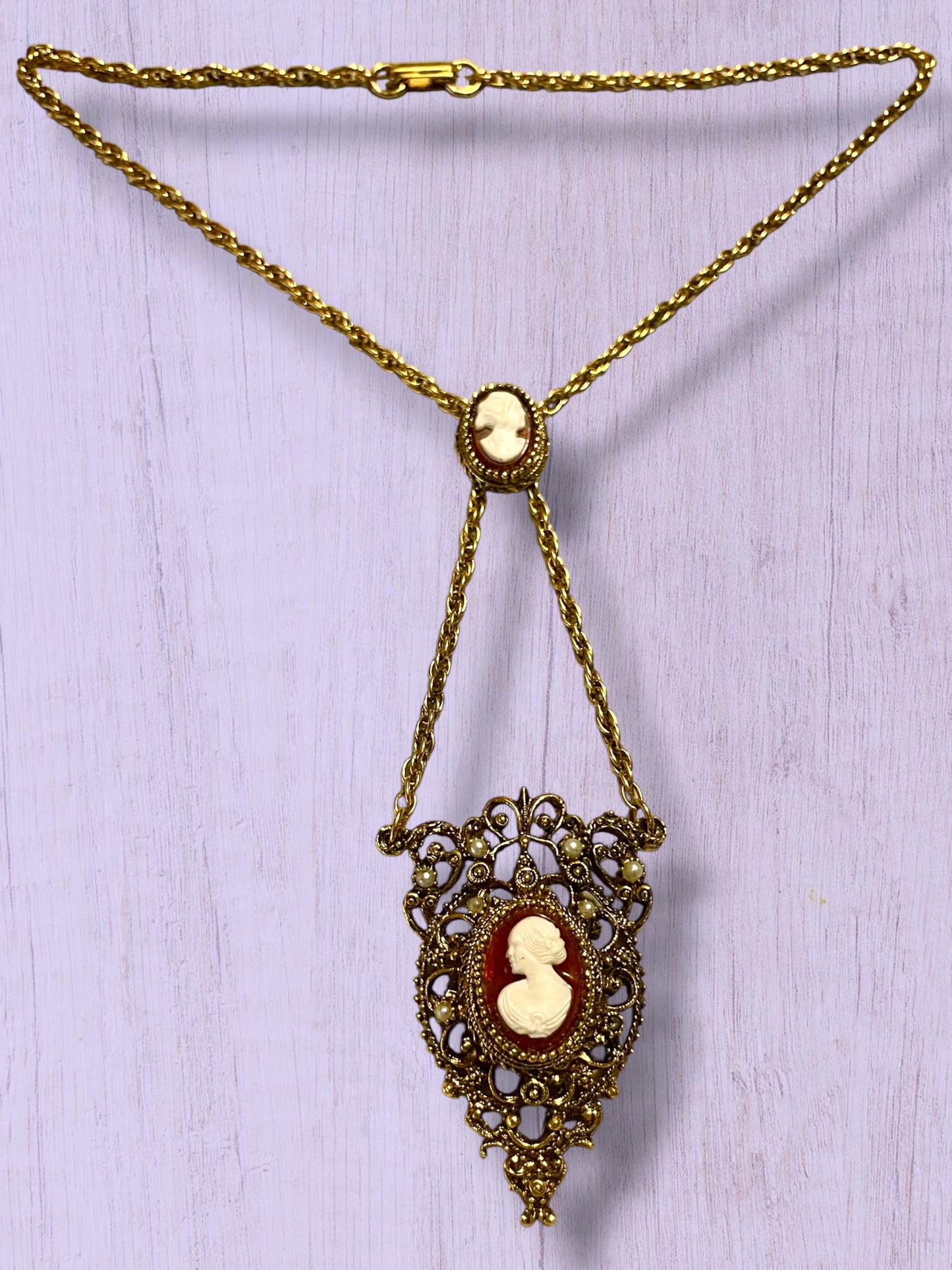 Ornate Victorian Rococo Revival Double Cameo Drop Pearl Necklace