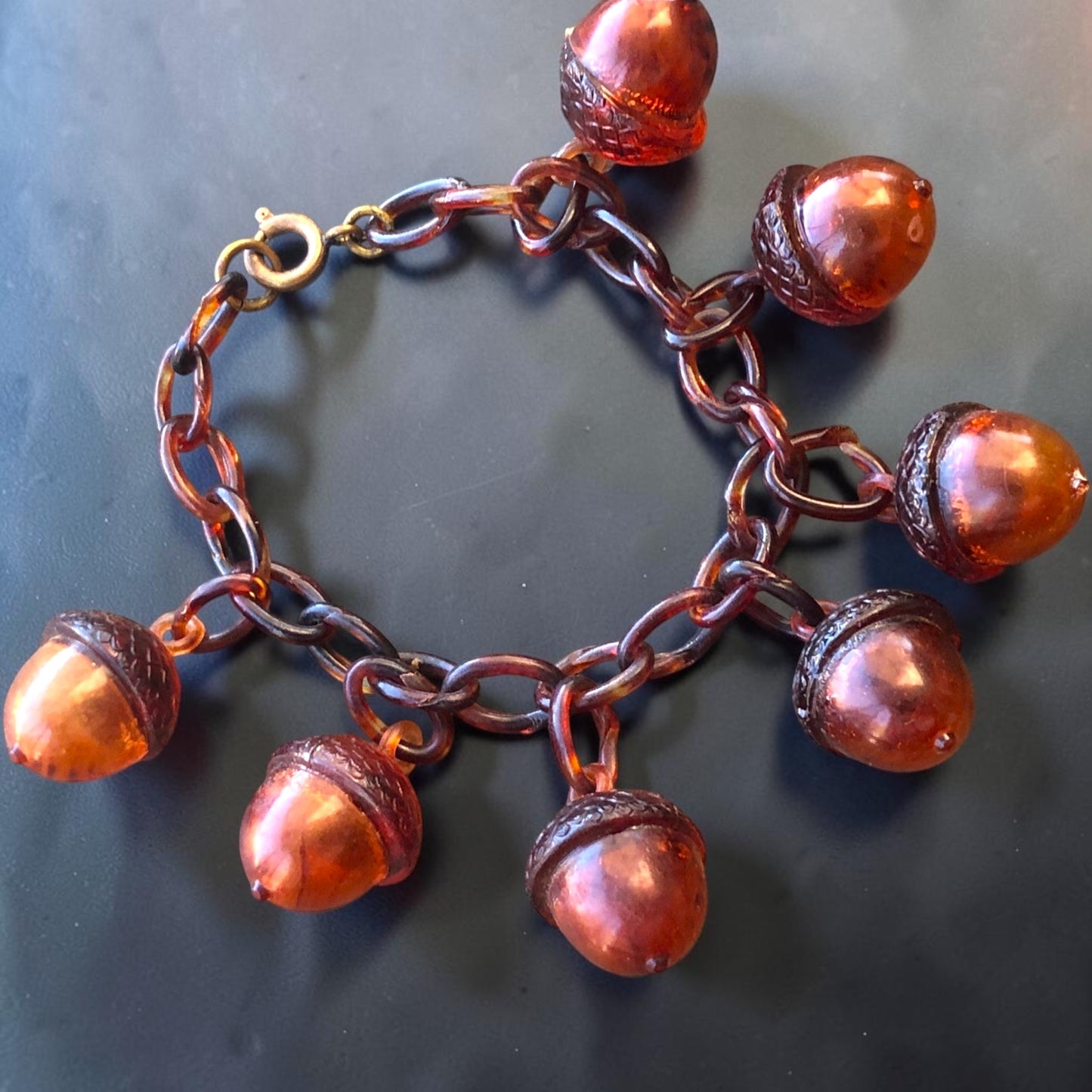 Antique Art Nouveau Early Plastic Hollow Tortoise Shell Acorn Charm Bracelet