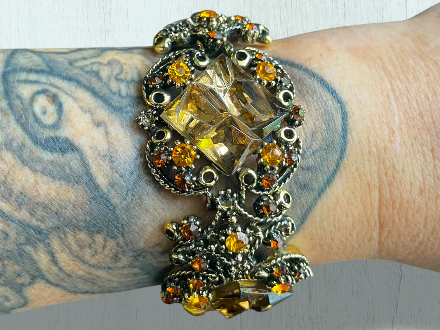 Incredible Vintage Chunky Faceted Amber & Topaz Crystal Designer Bracelet