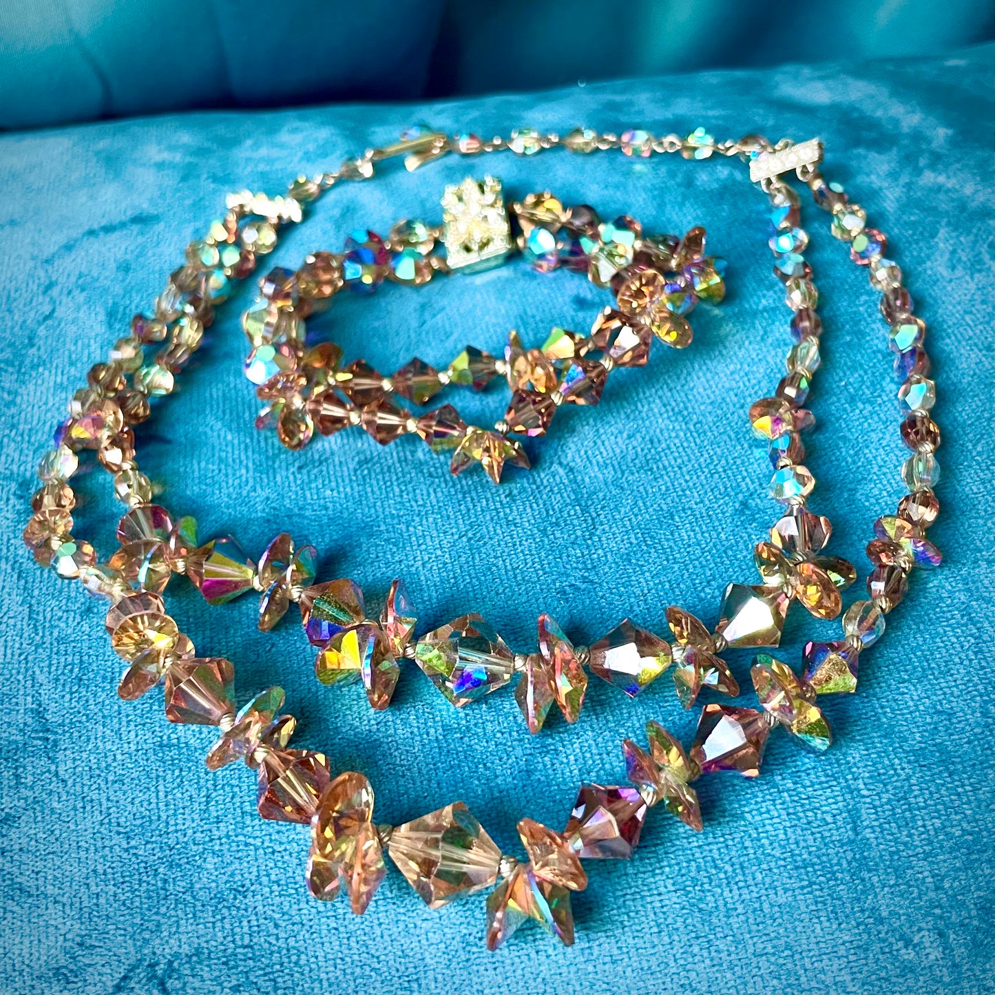Aurora Borealis Champagne Austrian Crystal Double Strand Necklace & Bracelet Demi Parure