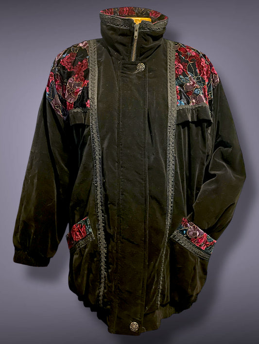 80’s 90’s Black Velvet Puffer Coat w/ Red & Purple Gold Crush Velvet Rose Detail