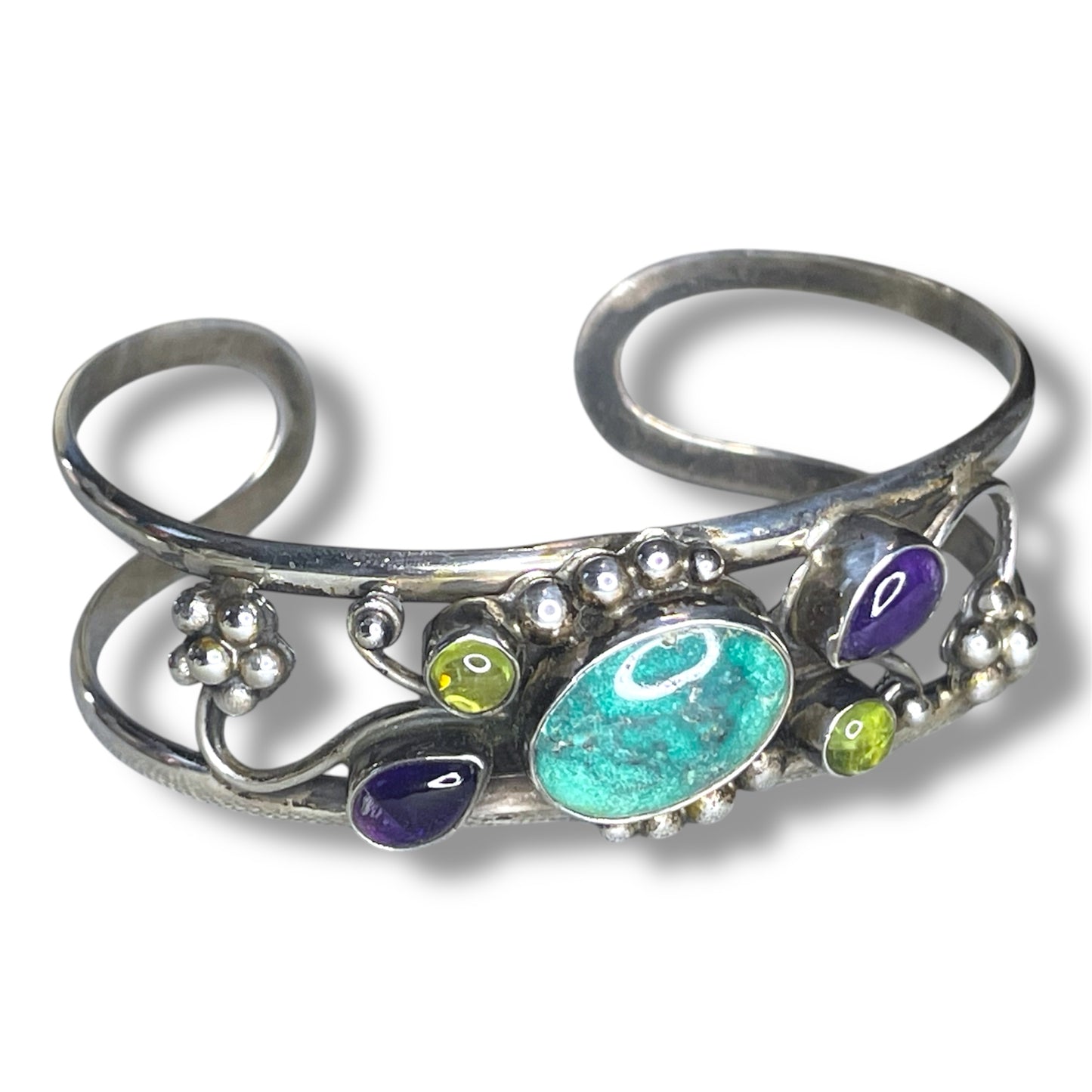 Vintage Turquoise, Amethyst & Peridot Gemstone Sterling Silver Floral Cuff Bracelet