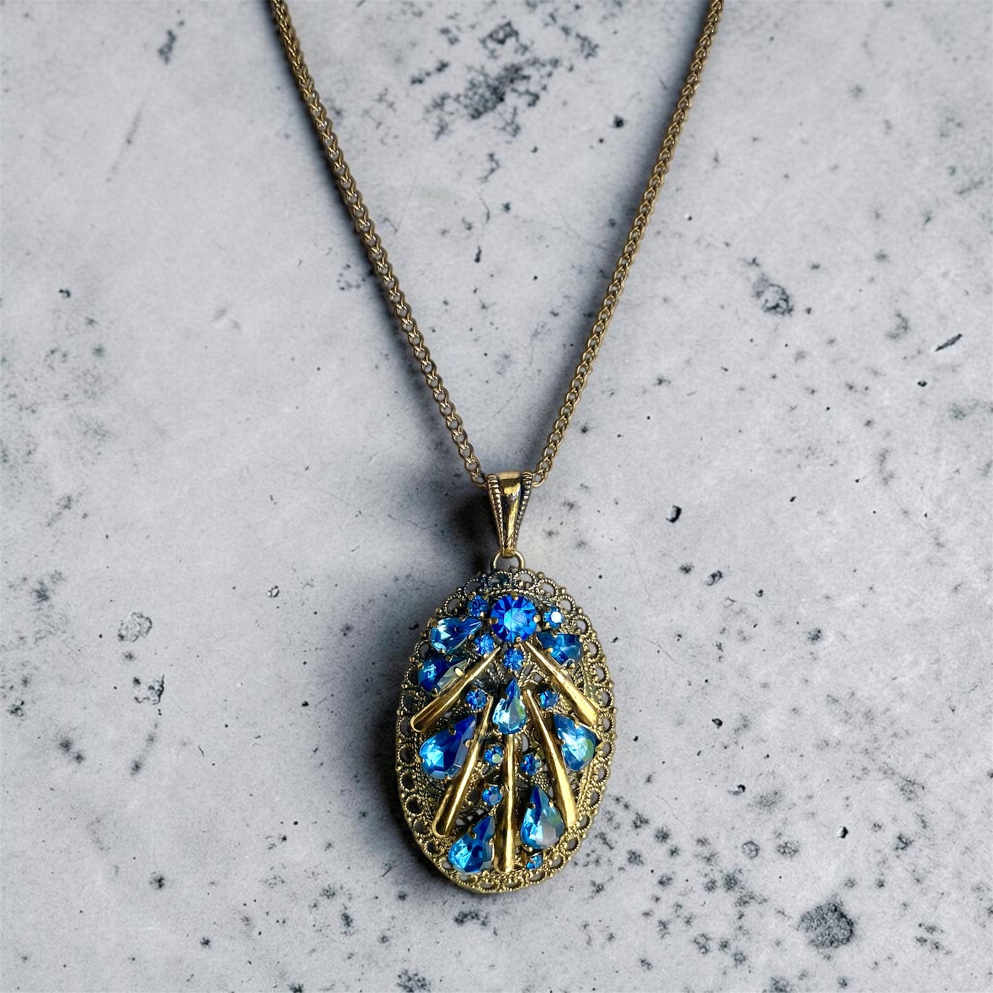 Antique Czech Brass Filigree Sapphire Prong Set Blue Crystal Pendant Necklace