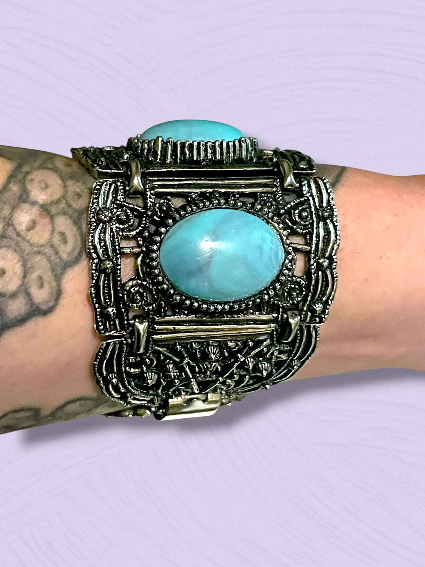 Vintage Chunky Silver Filigree Thermoset Faux Turquoise Panel Bracelet