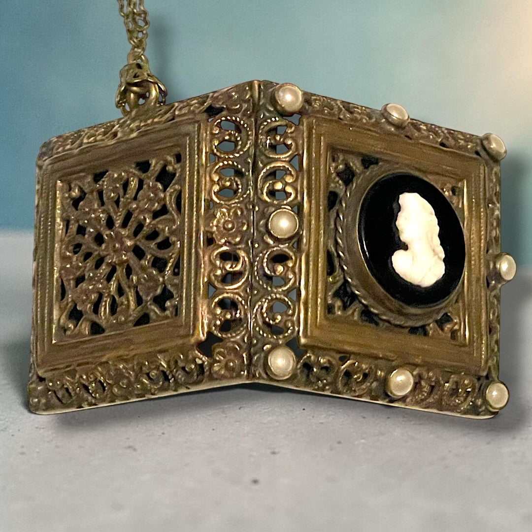 Brass Filigree Square Black & White Art Glass Mourning Cameo Photo Locket Necklace