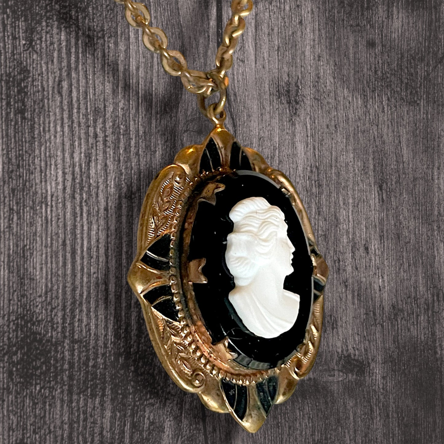 Antique Victorian Black & White Art Glass Mourning Cameo Gilded Brass Locket Necklace