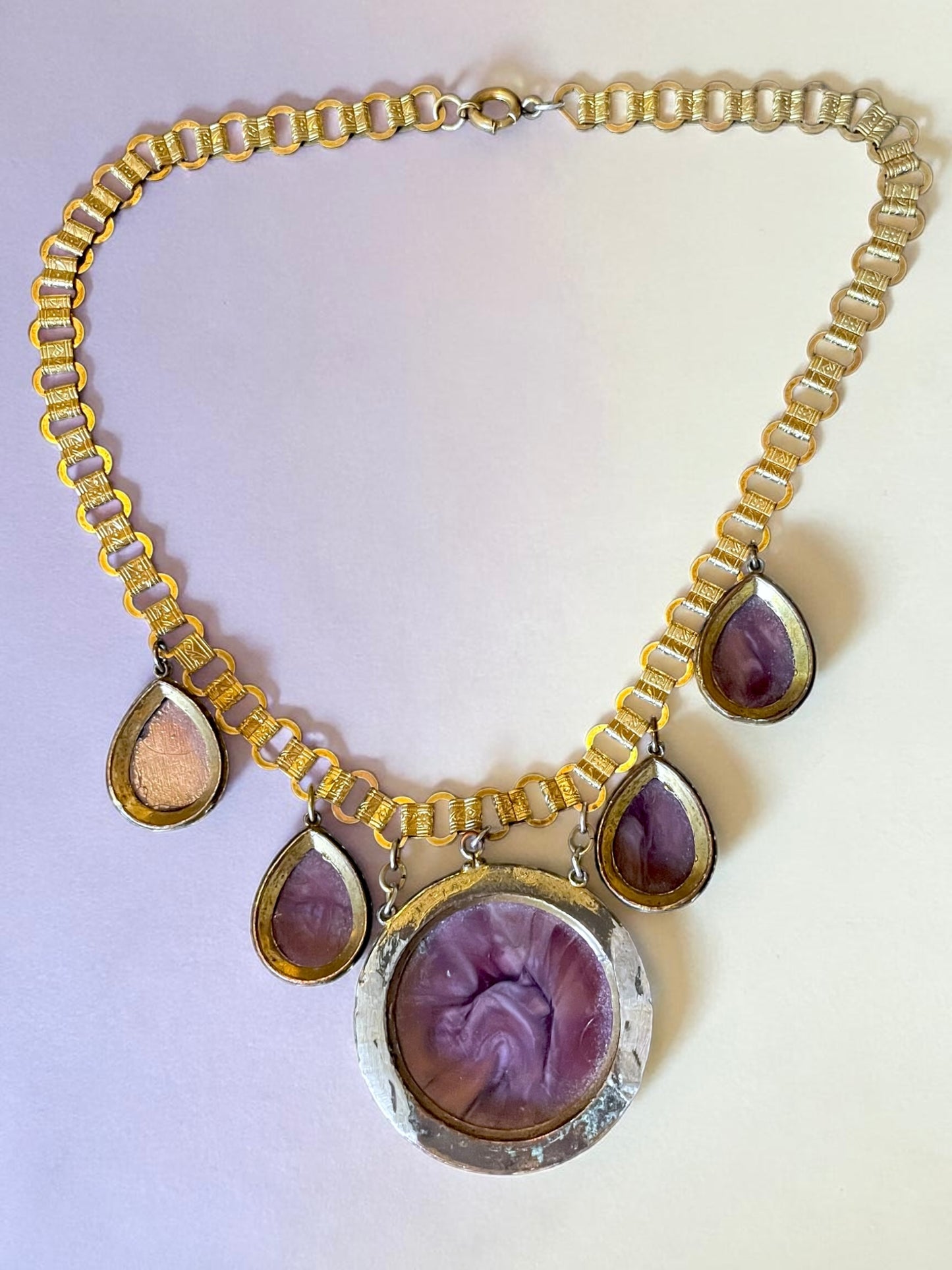Incredible Victorian Booklink Chain Purple Marble Art Glass Festoon Necklace