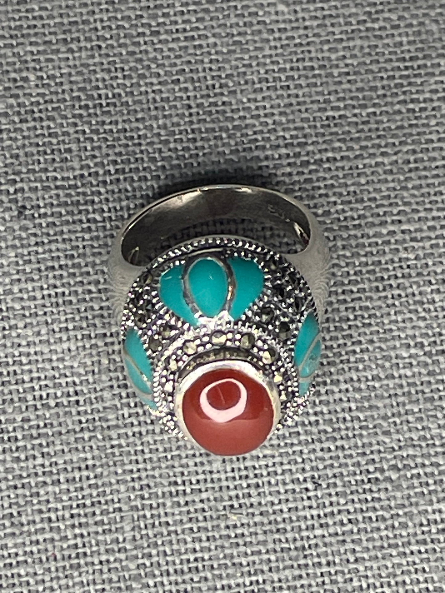 Sterling Silver Red Coral, Turquoise & Marcasite Gemstone Ring