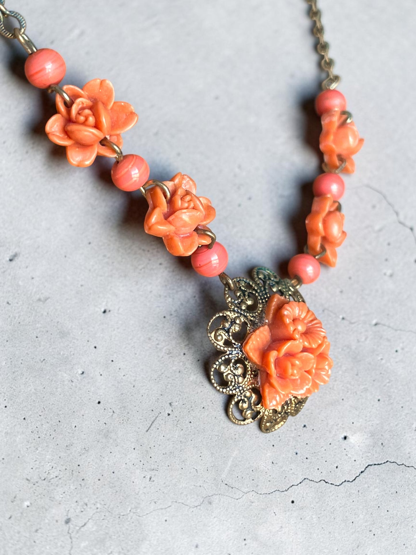 Art Nouveau Coral Orange Pink Celluloid Flower & Art Glass Bead Brass Necklace