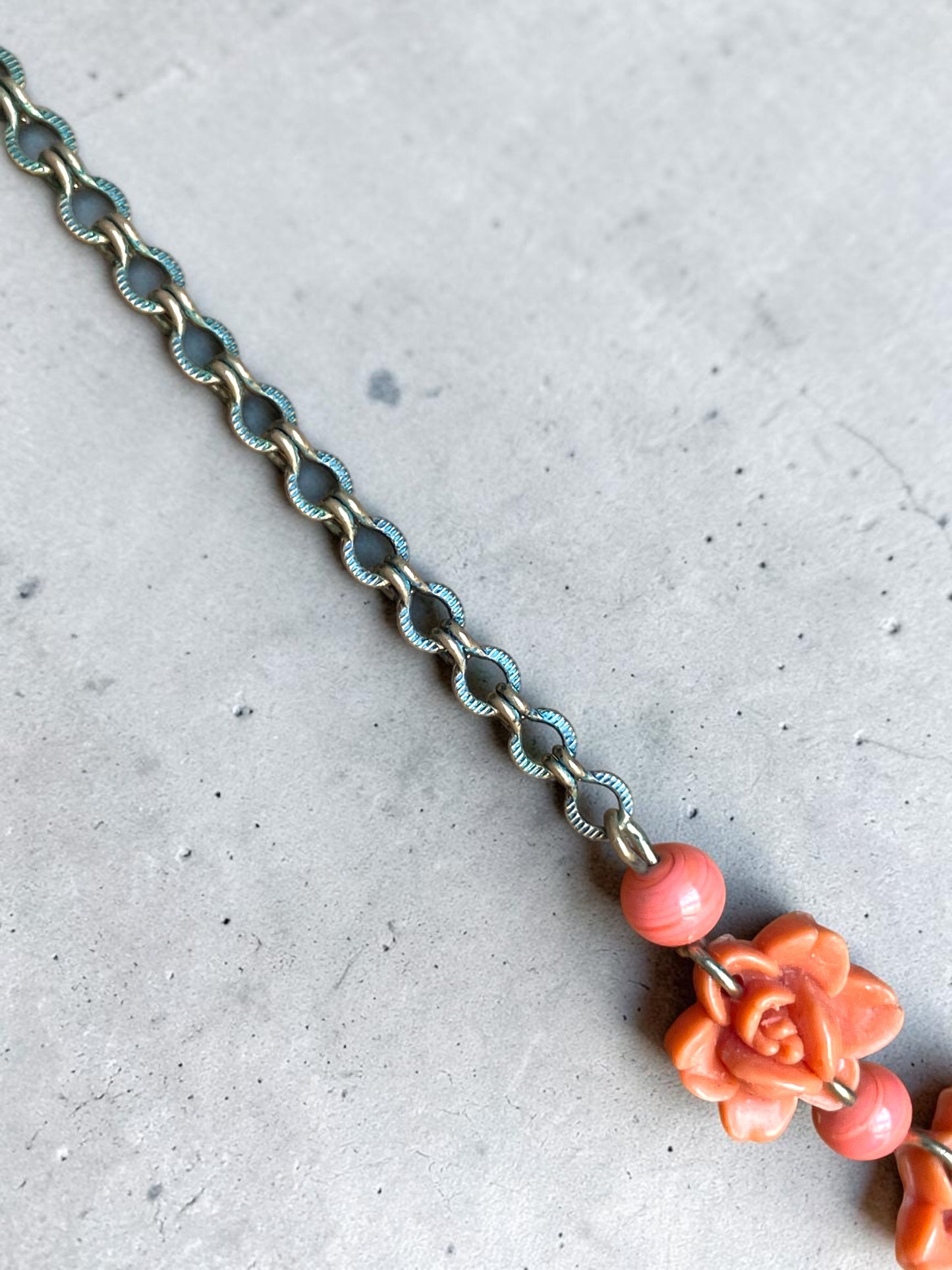 Art Nouveau Coral Orange Pink Celluloid Flower & Art Glass Bead Brass Necklace