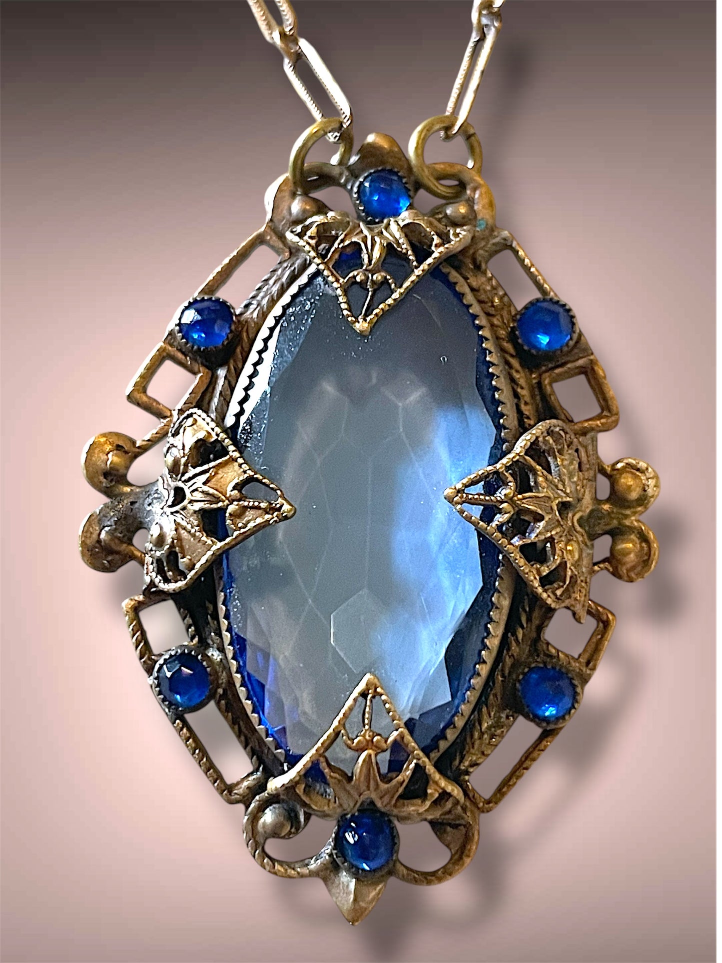 Art Nouveau Czech Brass Blue Art Glass & Saphire Chrystal Filigree Floral Stamped Necklace