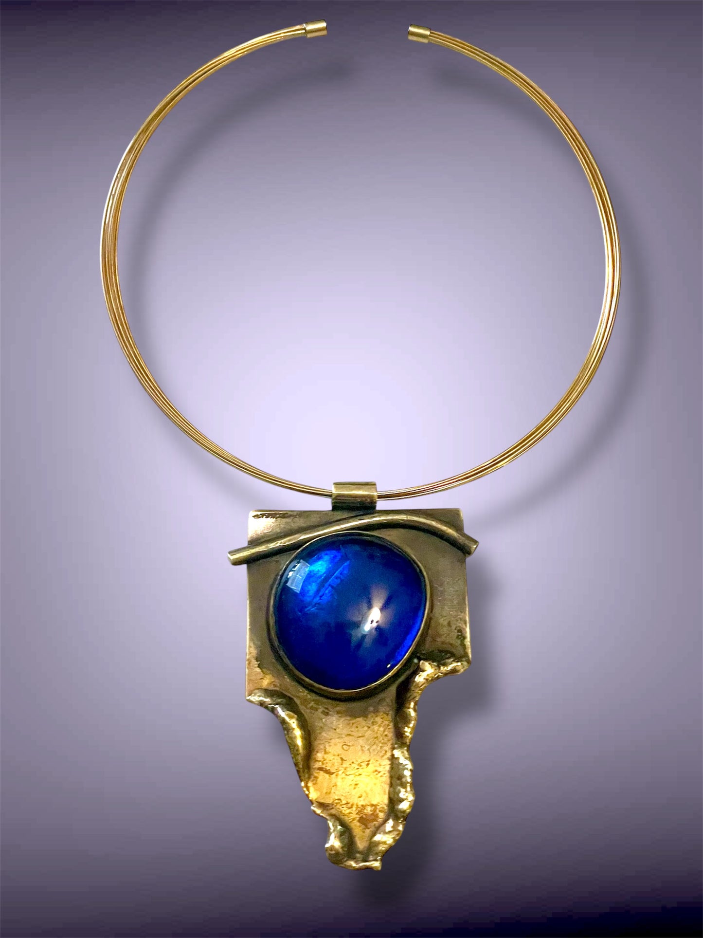 Antique Brass Brutalist Sapphire Blue Foil Art Glass Choker Necklace