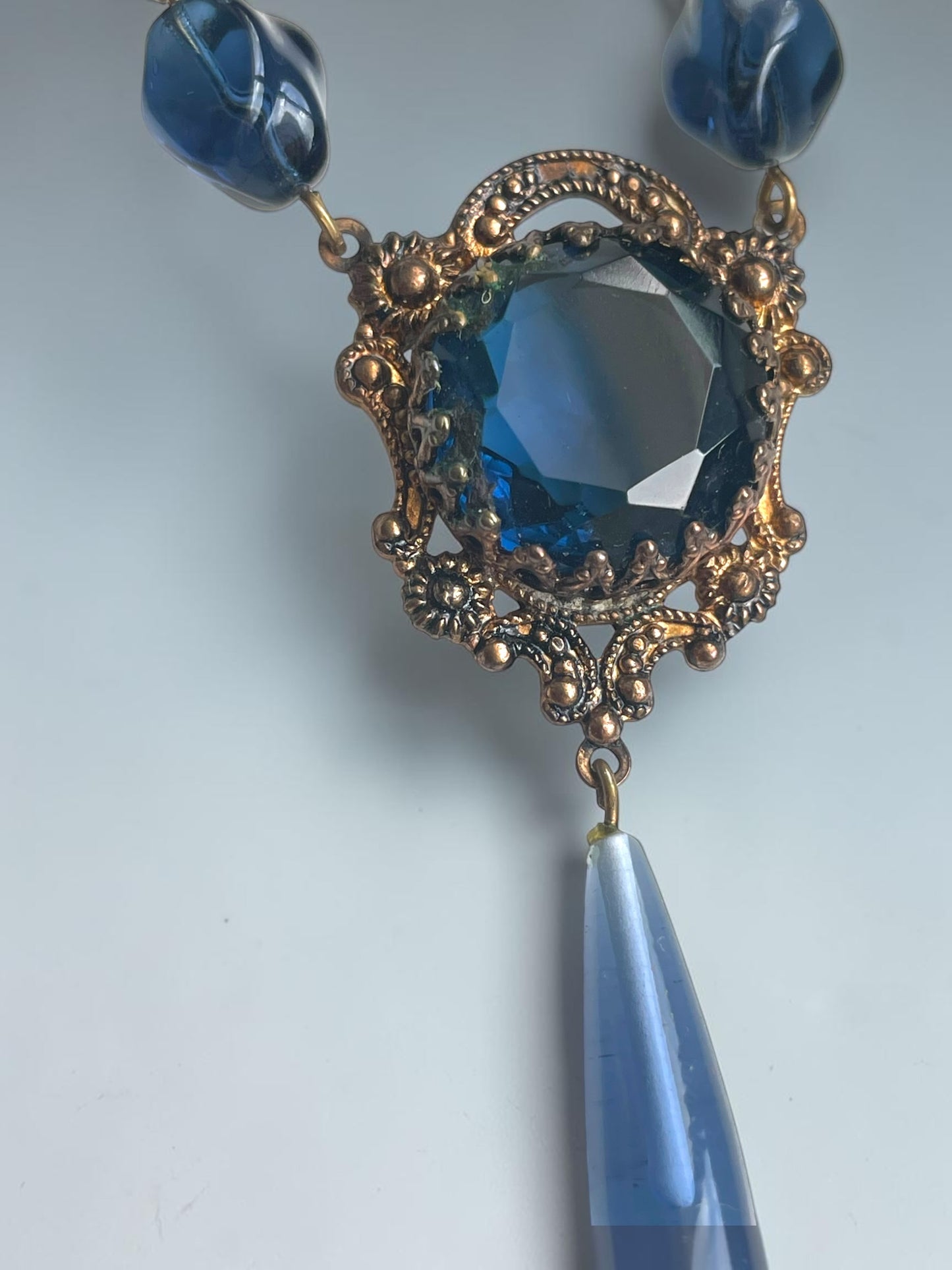 Art Nouveau Saphire Blue Czech Art Glass Brass Filigree Necklace