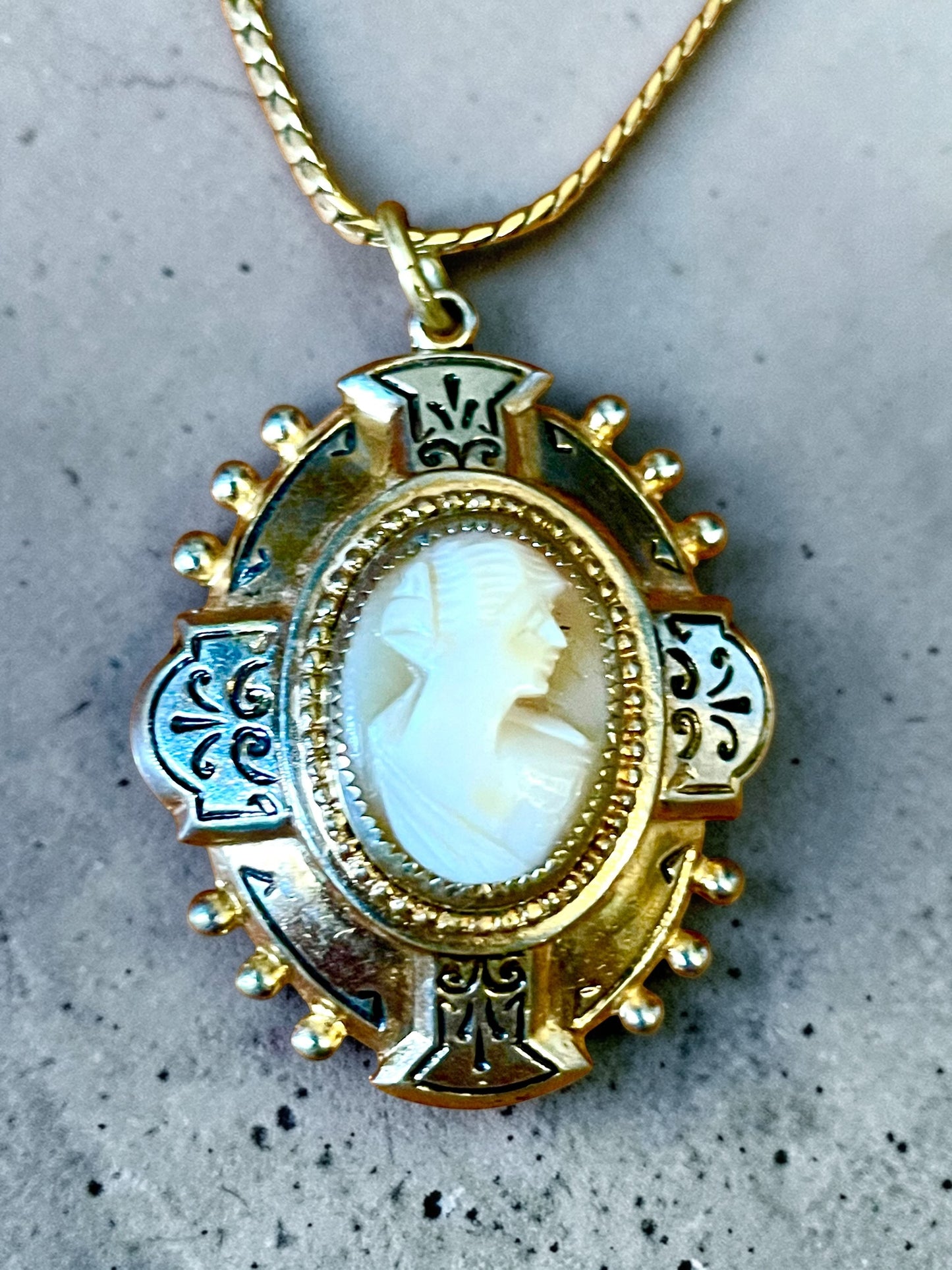 Edwardian Mixed Metal Carved Shell Cameo Cross Locket 14K GF Necklace