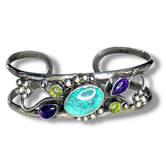 Vintage Turquoise, Amethyst & Peridot Gemstone Sterling Silver Floral Cuff Bracelet