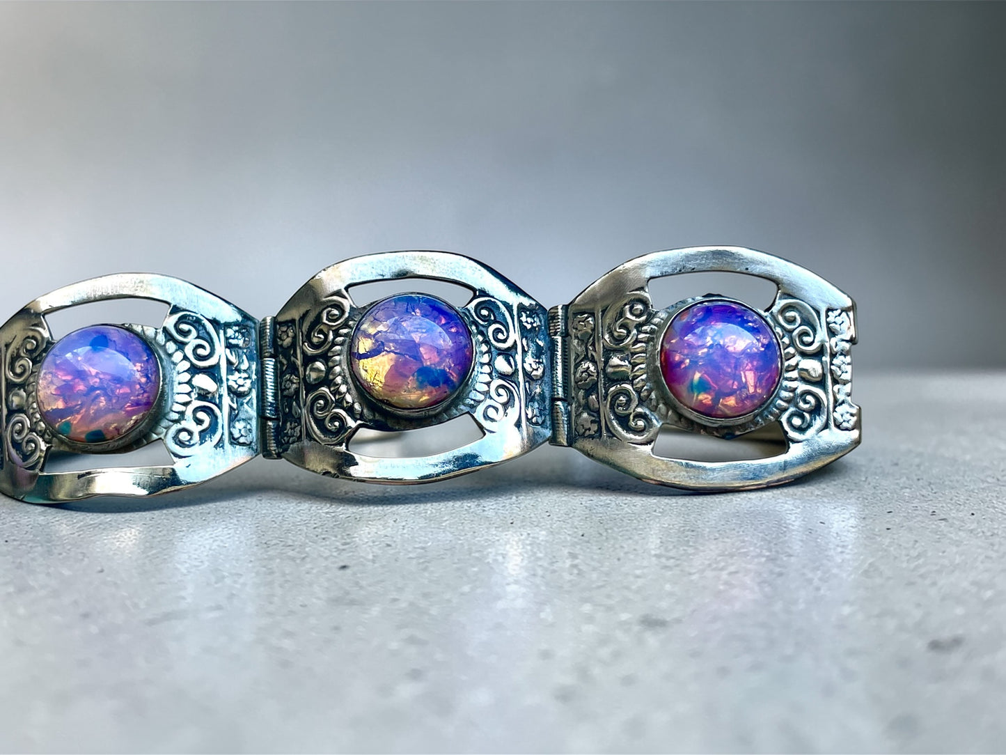 Sterling Pink Dragons Breath Fire Opal Foil Art Glass Taxco Mexico Bracelet