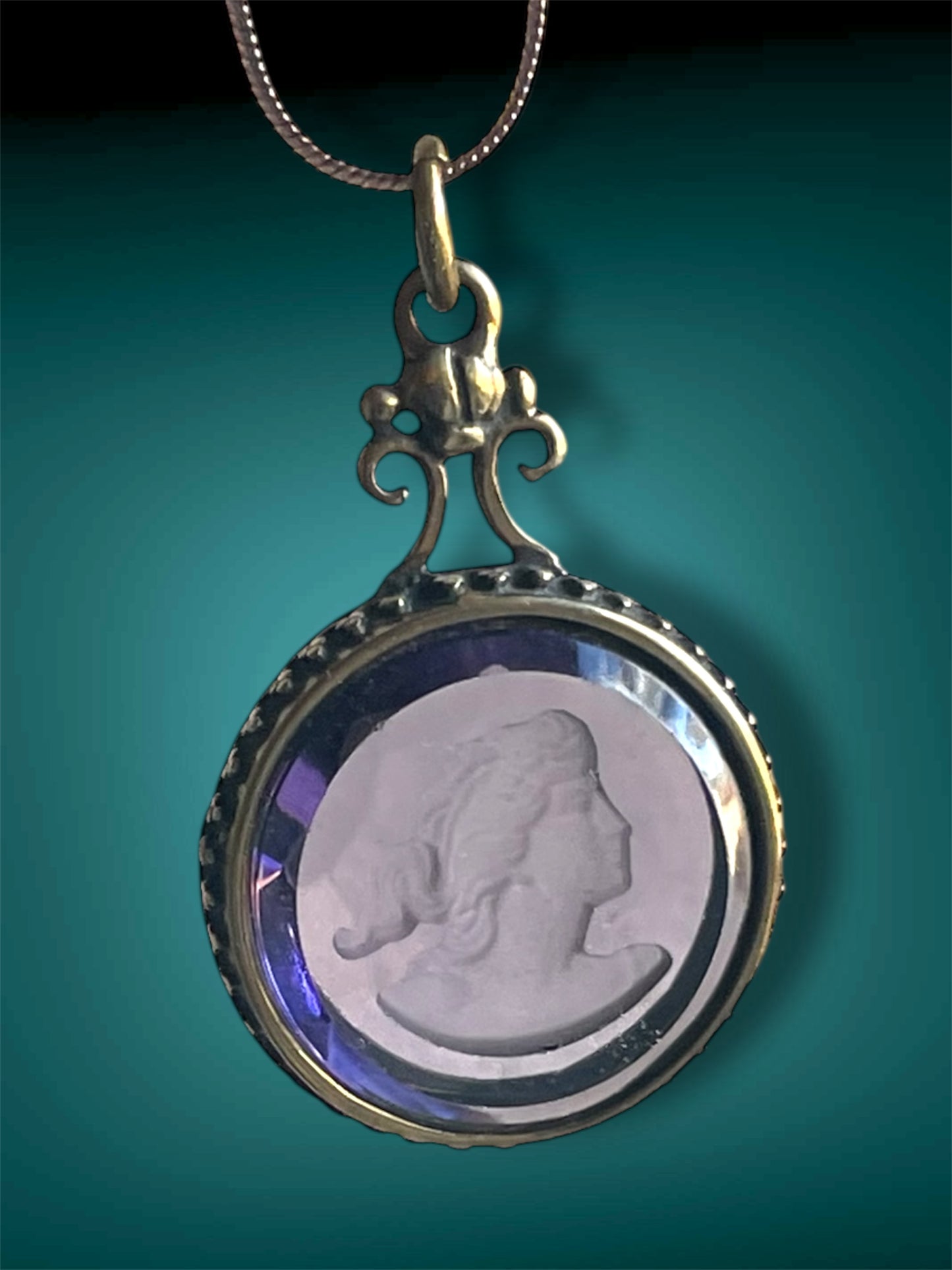 Art Nouveau Brass Scarab Set Purple Faceted Glass Intaglio Cameo Pendant Necklace