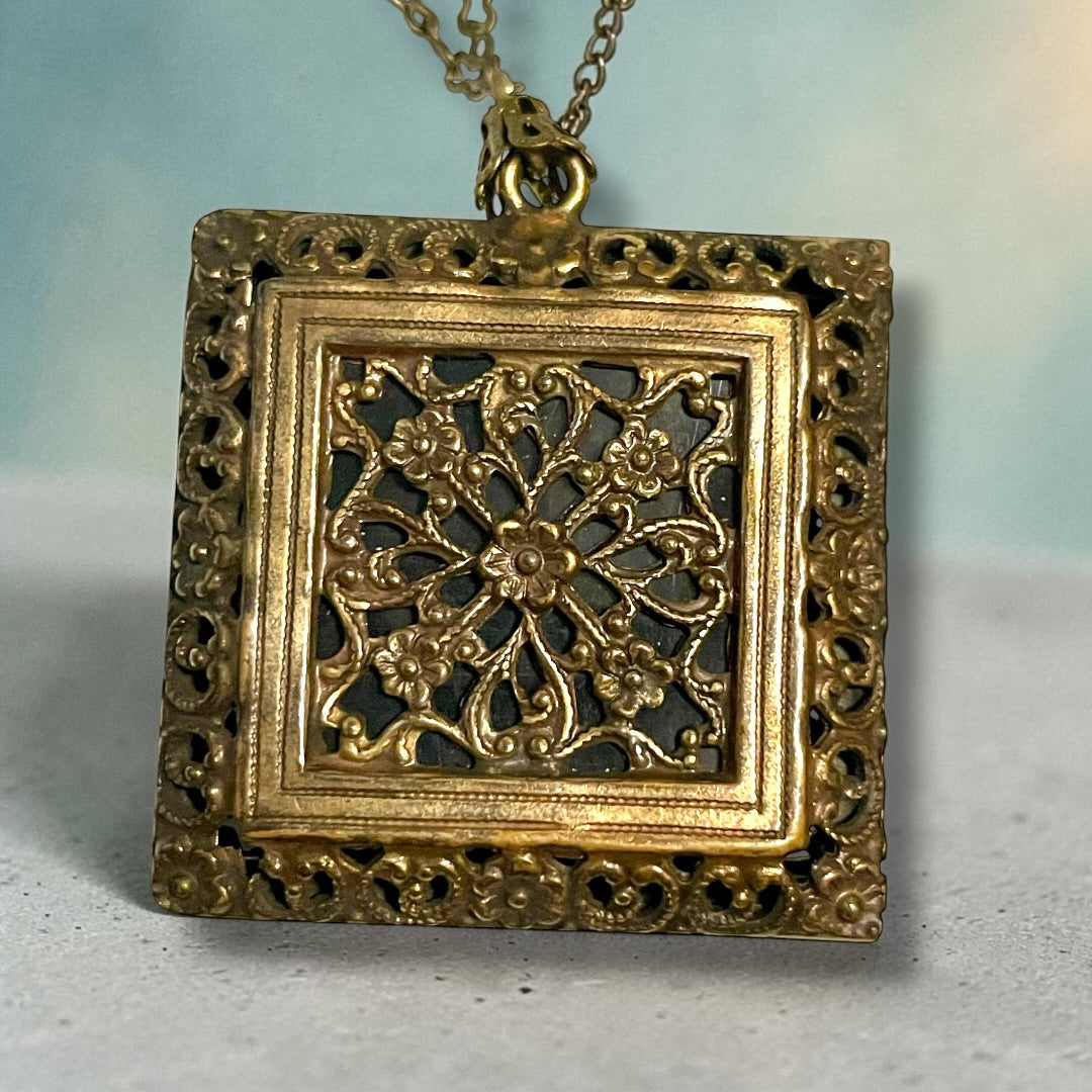 Brass Filigree Square Black & White Art Glass Mourning Cameo Photo Locket Necklace