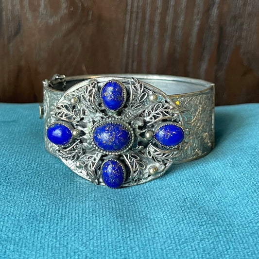 Silver Filigree Lapis Blue Gold Foil Glitter Art Glass Flower Engraved Hinged Bangle Bracelet