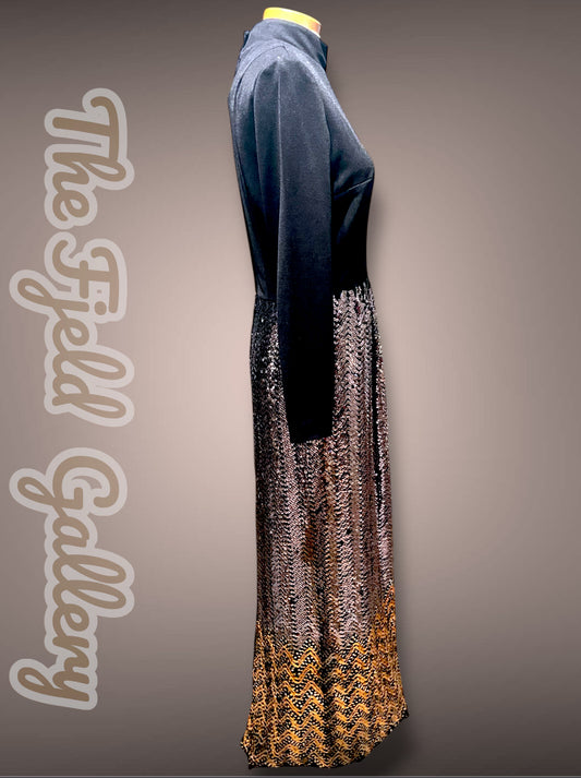Gorgeous 1960’s Calderón Designer Black Long Sleeve Silver, Gold & Copper Metallic Sequin Maxi Dress