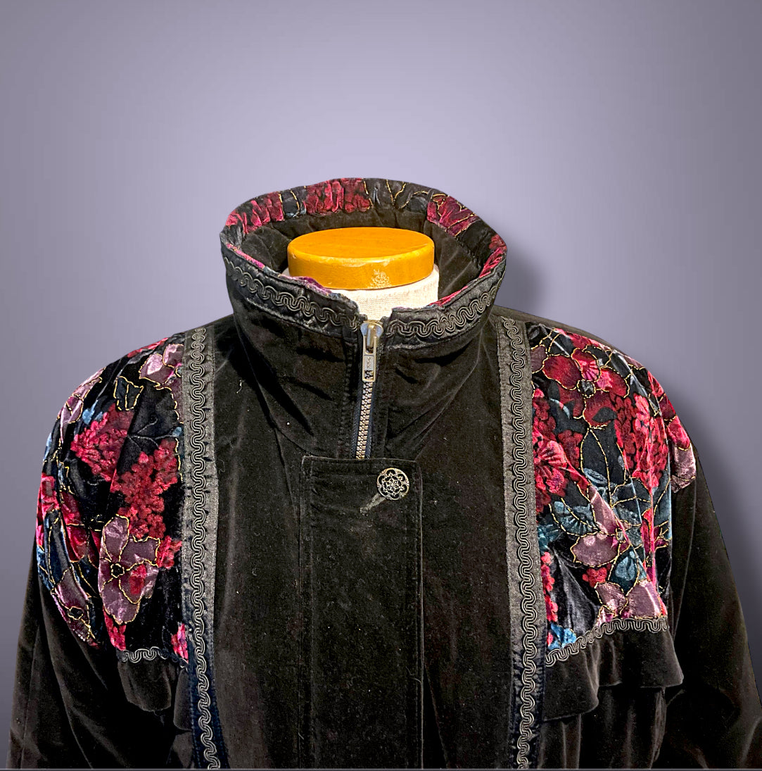 80’s 90’s Black Velvet Puffer Coat w/ Red & Purple Gold Crush Velvet Rose Detail