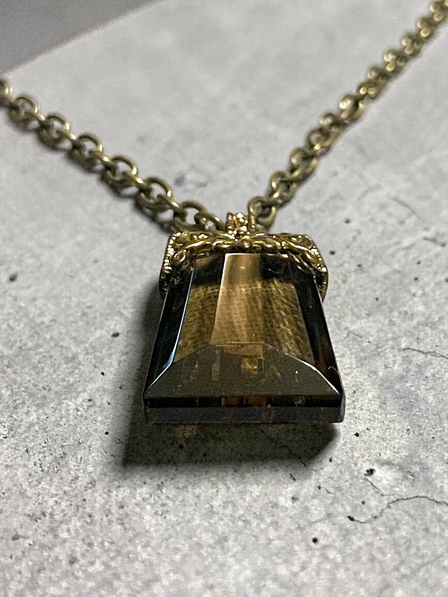 Czechoslovakian Smokey Topaz Pillow Cut Crystal Brass Filigree Necklace