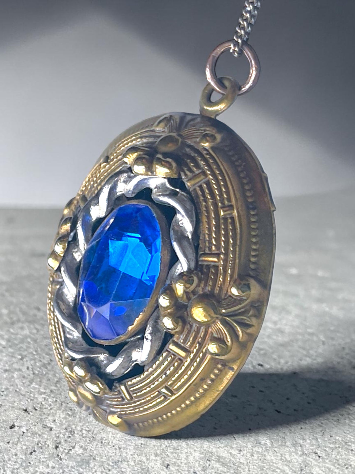 Art Nouveau Royal Blue Czech Art Glass Silver & Brass Filigree Necklace