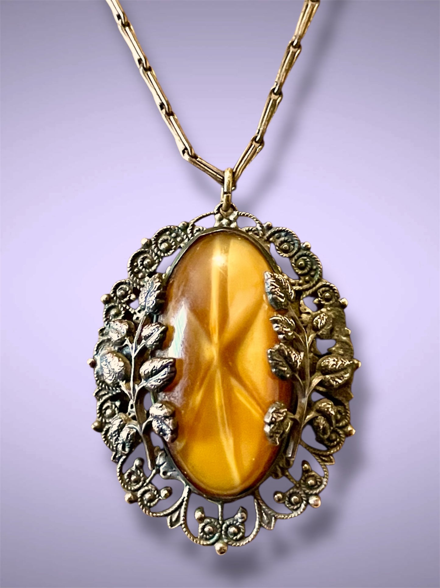 Art Nouveau Czechoslovakian Brass Citrine Cat Eye Star Art Glass Necklace