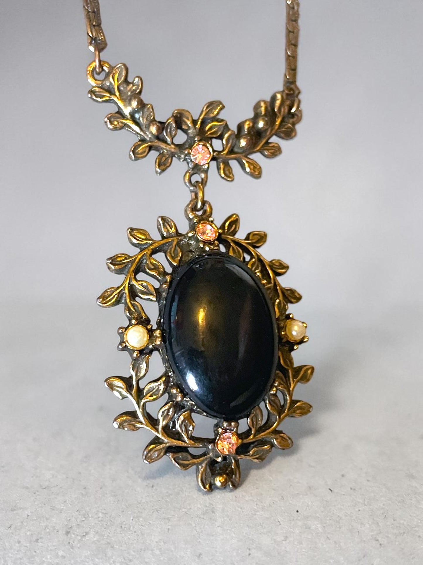 Art Nouveau Brass Leaf Garland Black Art Glass, Pink Crystal & Pearl Necklace
