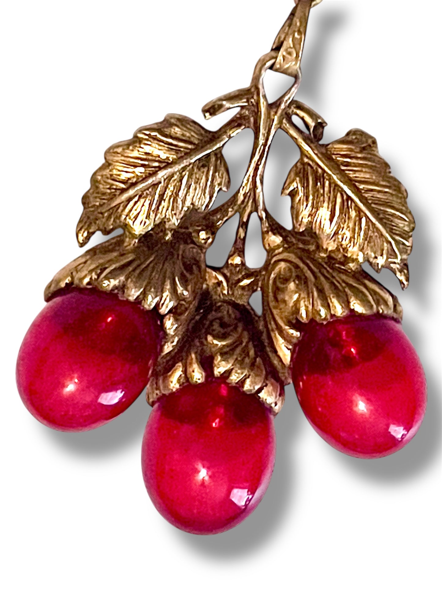 Art Nouveau Gilded Brass & Hollow Red Glass Bubble Acorn Necklace