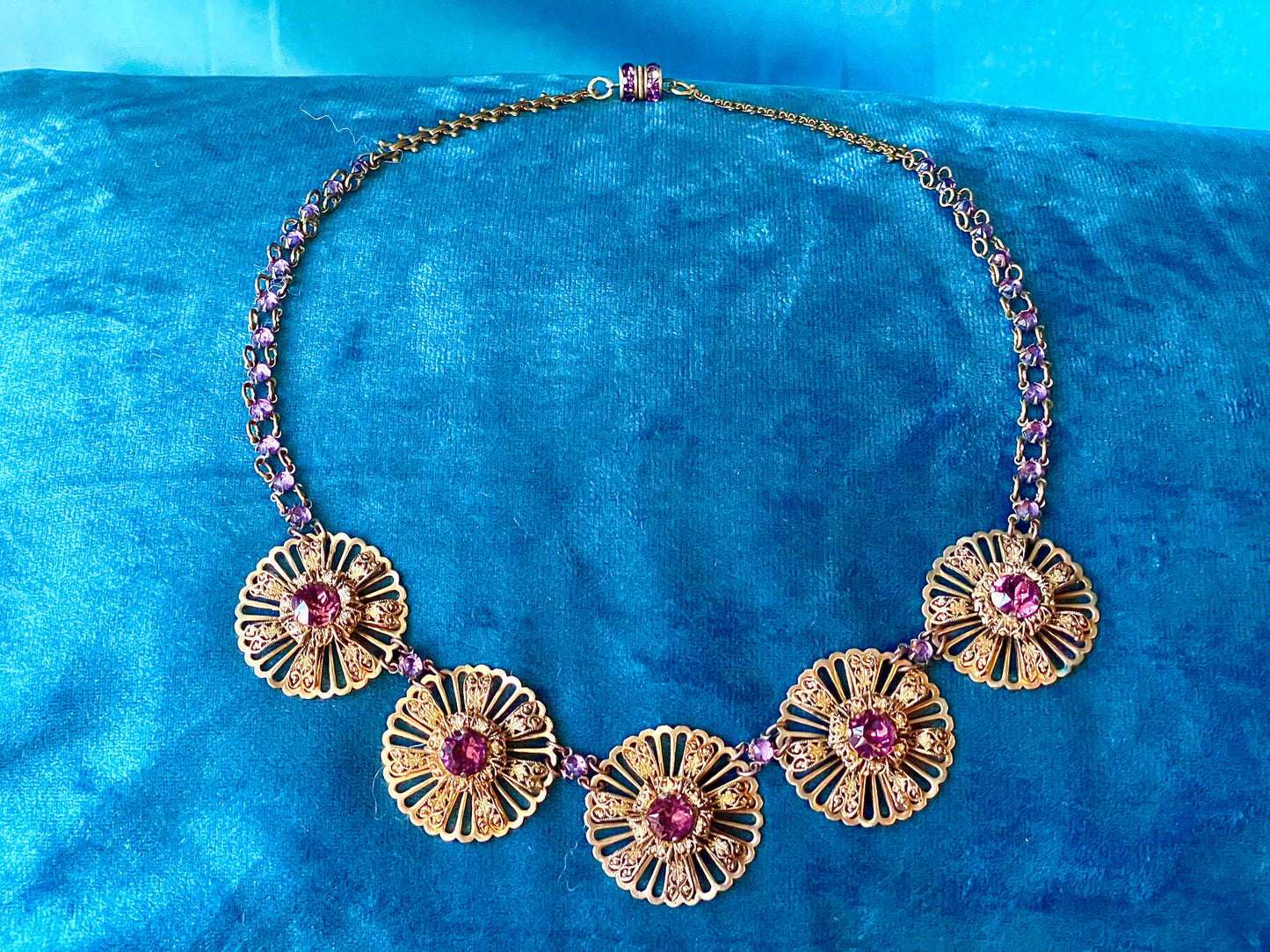 Victorian Book Link Purple Crystal Brass Filigree Choker Necklace