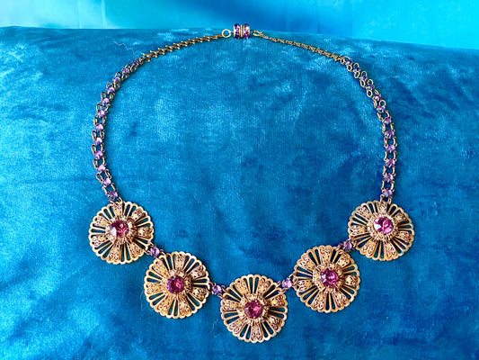 Victorian Book Link Purple Crystal Brass Filigree Choker Necklace