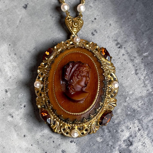 West German Brass Filigree Amber Cameo Crystal & Pearl Necklace