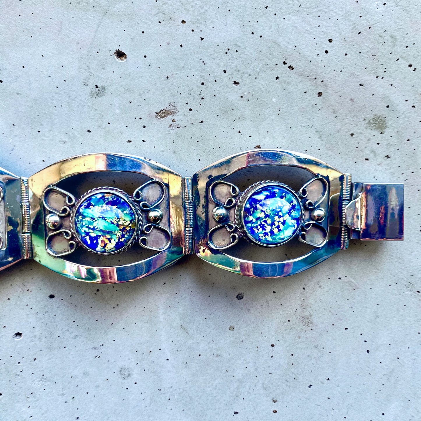 Sterling Silver Blue Green Dragons Breath Fire Opal Taxco Mexico Panel Bracelet