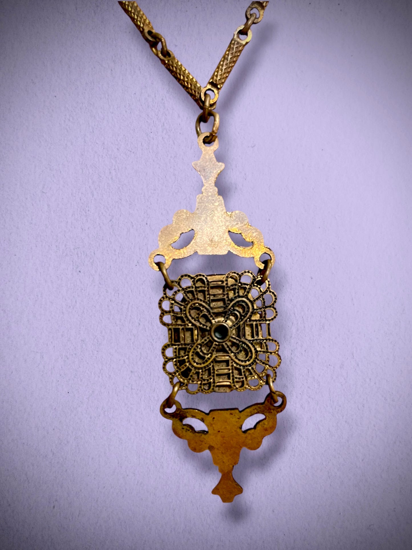 Art Nouveau Rococo Porcelain Limogé Renaissance Cameo Flourish Brass Pendant Necklace