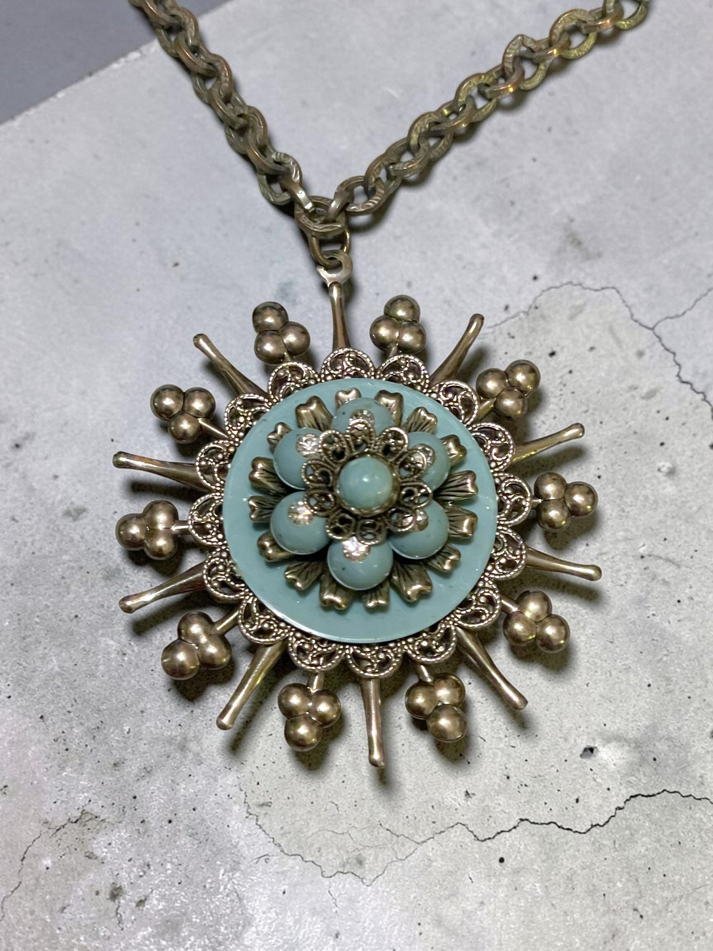Vintage 1960’s Silver Starburst Turquoise Pendant Runway Necklace