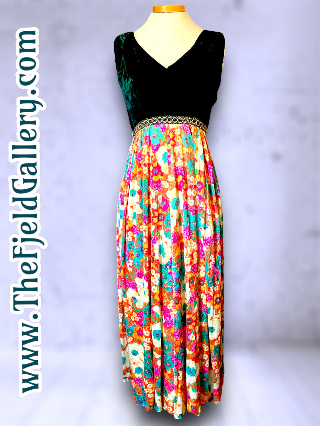 1960’s Vintage Green Velvet & Rainbow Floral Palazzo Pant Jumpsuit