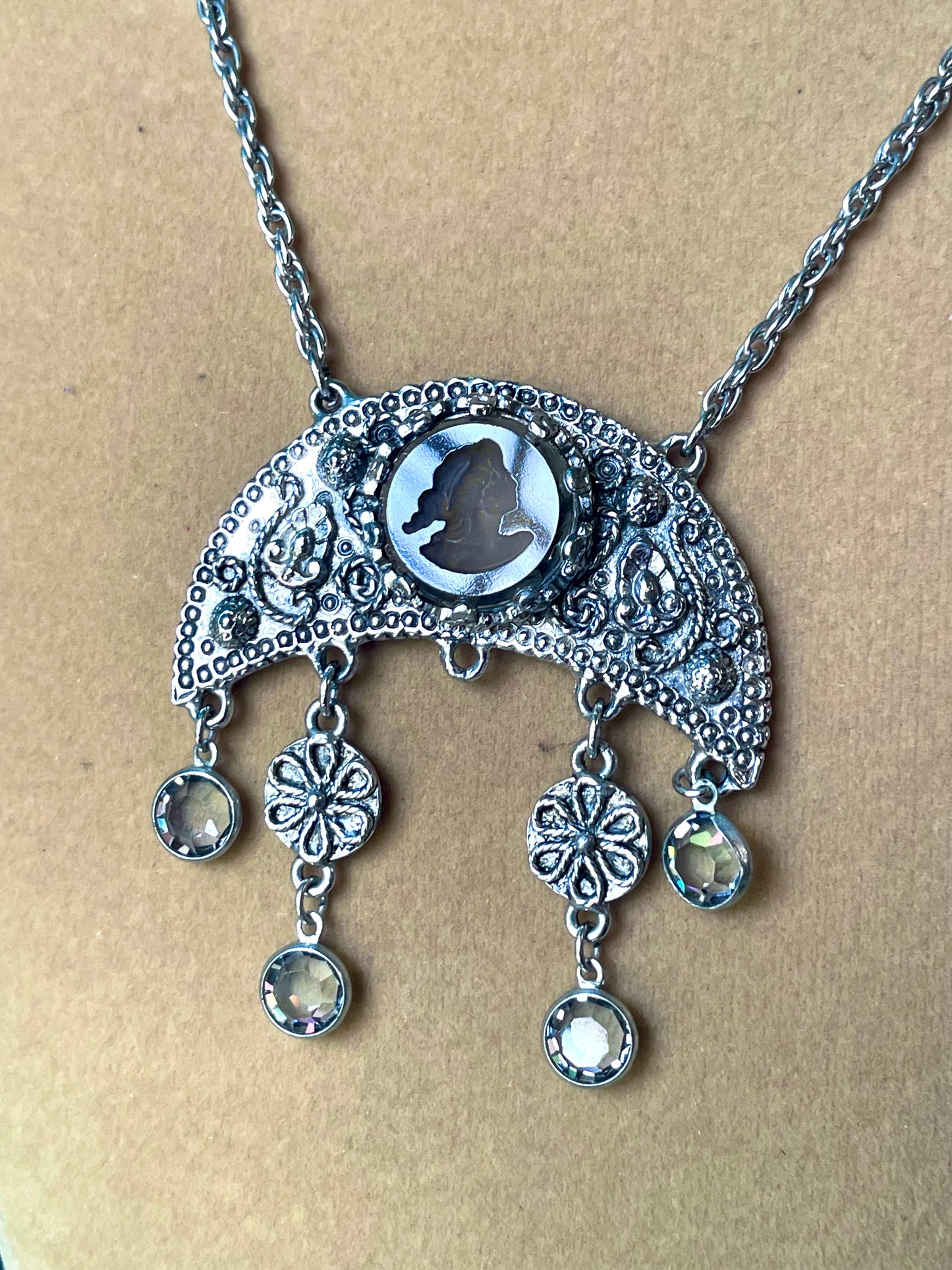Grey Faceted Intaglio Cameo Crescent Moon Dangling Crystal Vintage Necklace